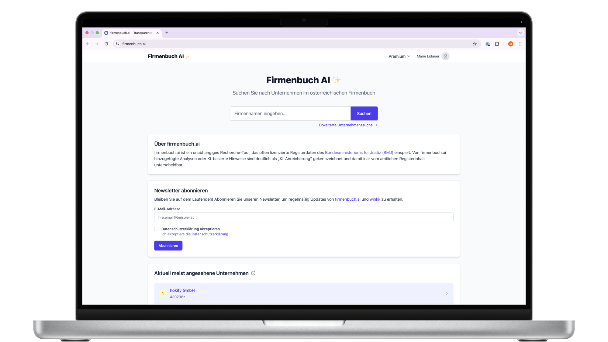 Screenshots of the Firmenbuch AI software