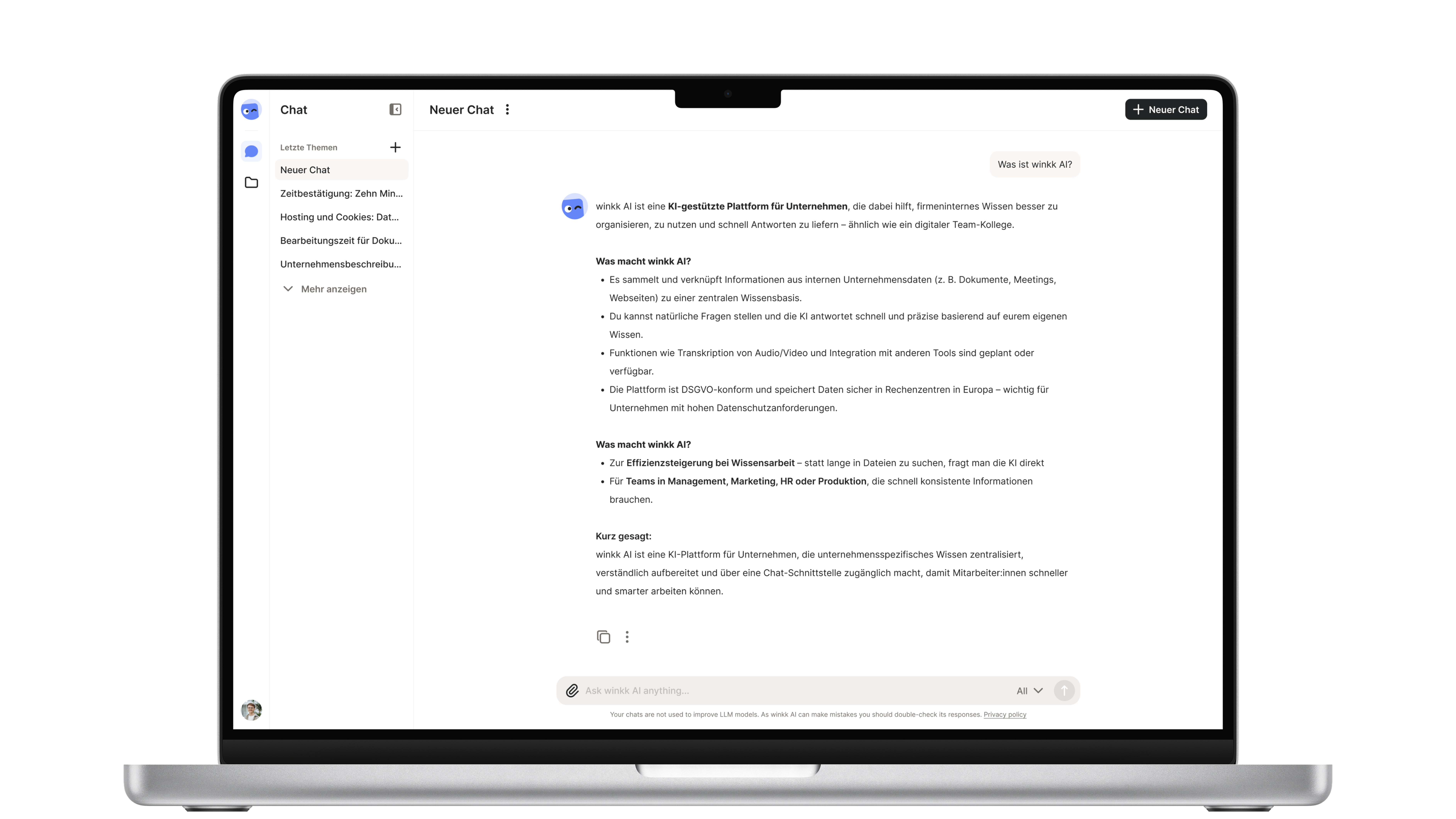 Screenshots of the winkk AI software