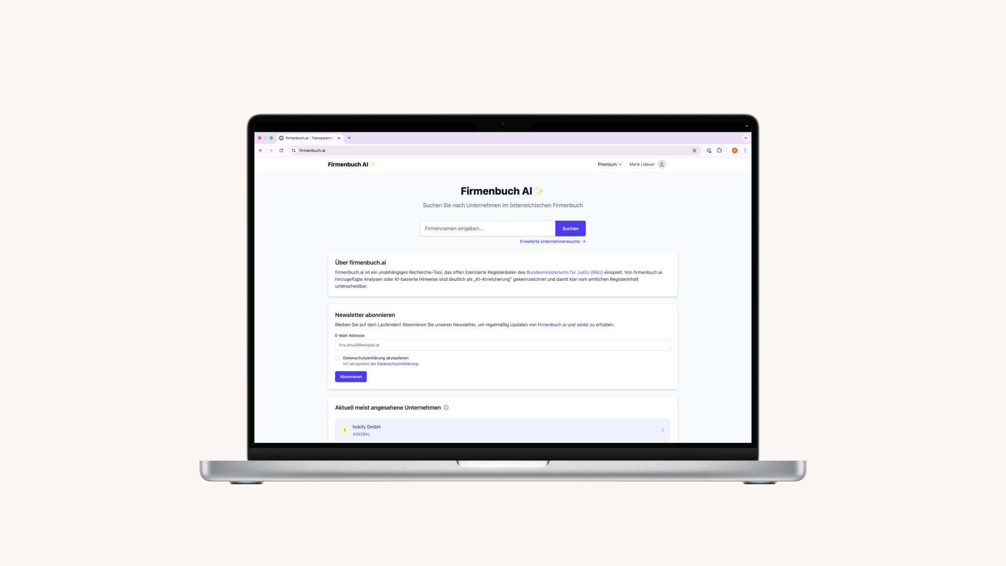 Screenshots of the Firmenbuch AI Software